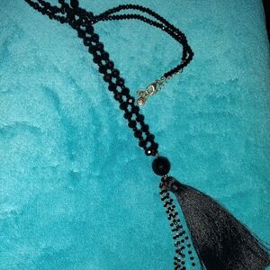 Long onyx beaded tassel necklace